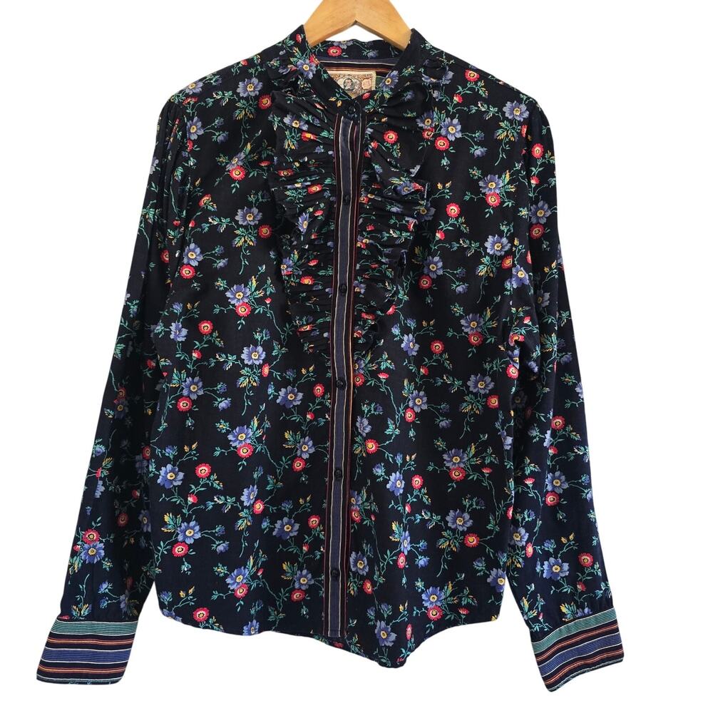 Vintage Bis by Gene Ewing Floral Printed Ruffle Blouse Black Size M Whimsigoth